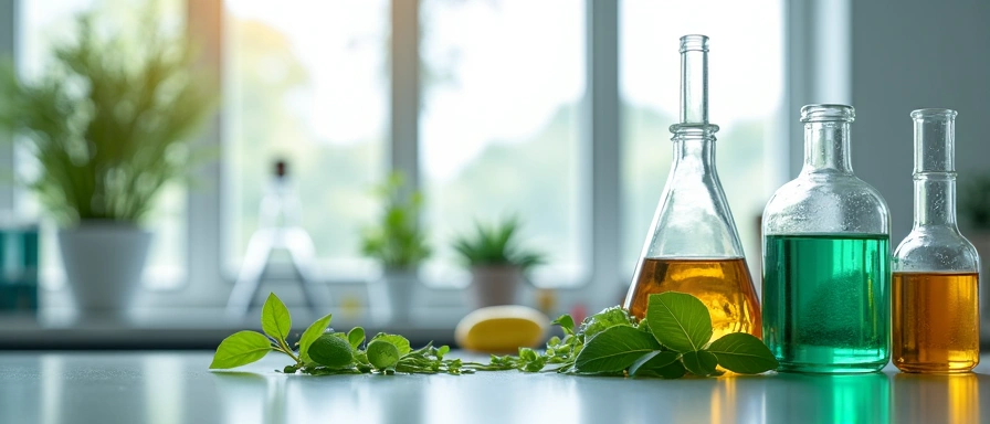 Imagine a unui laborator curat cu elemente naturale, precum frunze și eprubete, simbolizând îmbinarea științei cu natura în dezvoltarea produselor GlucoNatur.